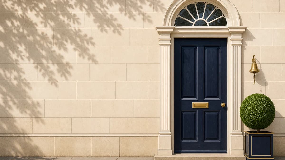 Classic British navy front door with cream stone surround — featured image for duty solicitor advice