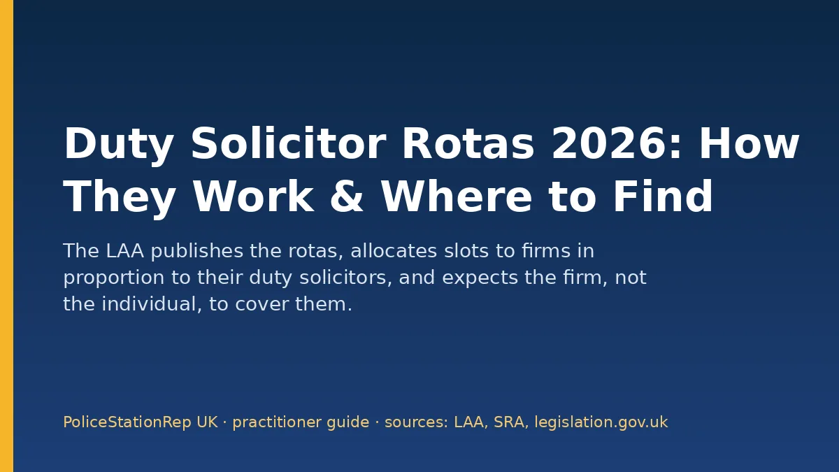 PoliceStationRep UK title card: Duty Solicitor Rotas 2026: How They Work & Where to Find