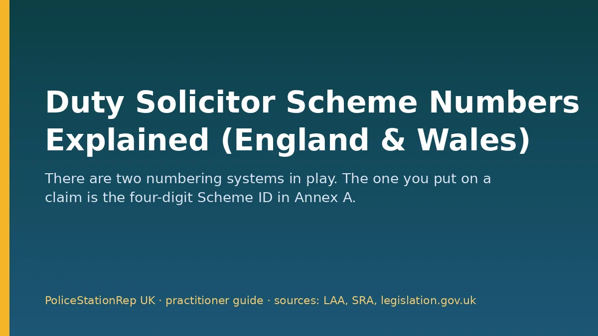 PoliceStationRep UK title card: Duty Solicitor Scheme Numbers Explained (England & Wales)